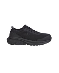 A black athletic sneaker shown from a side profile view against a solid white background.