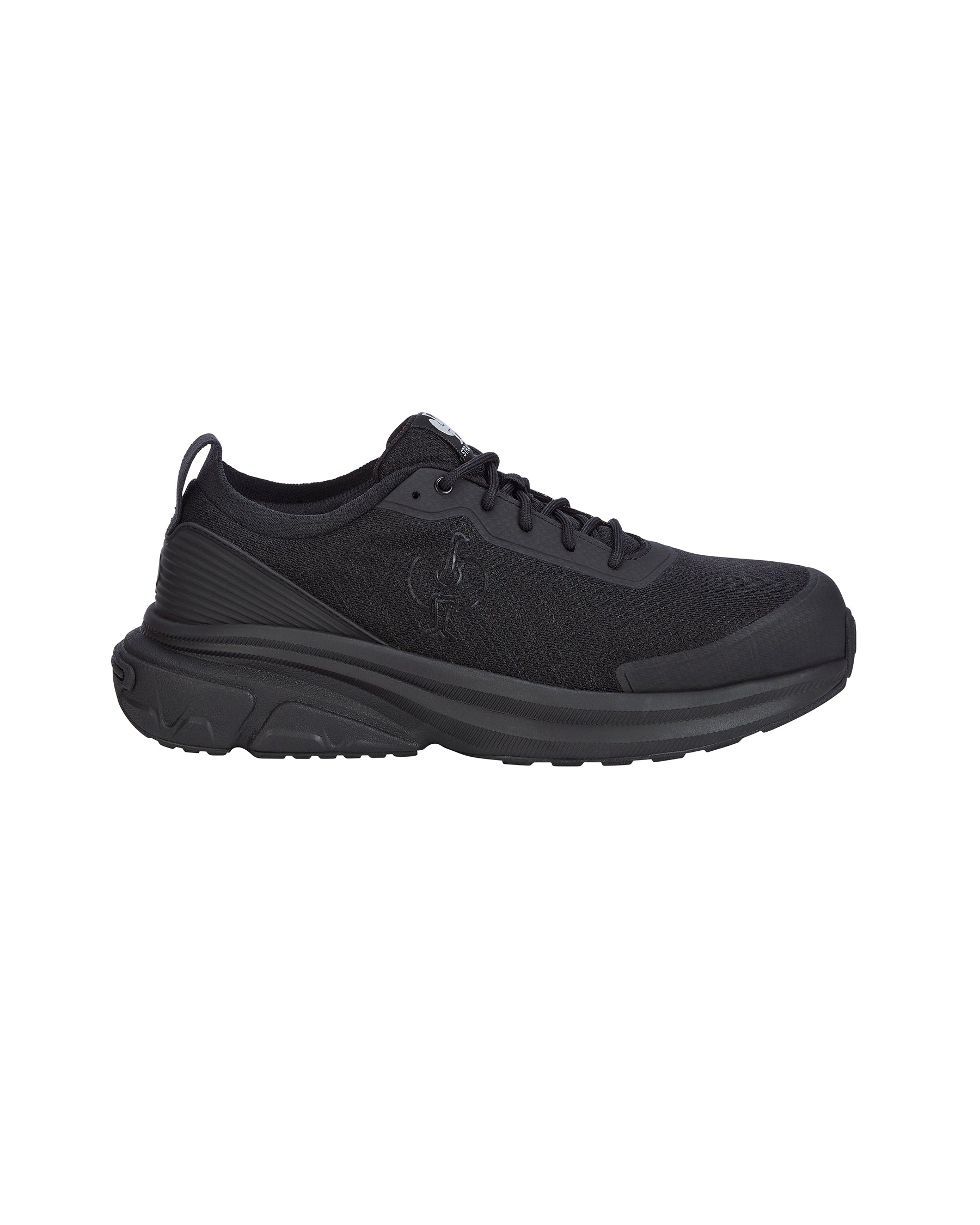 A black athletic sneaker shown from a side profile view against a solid white background.