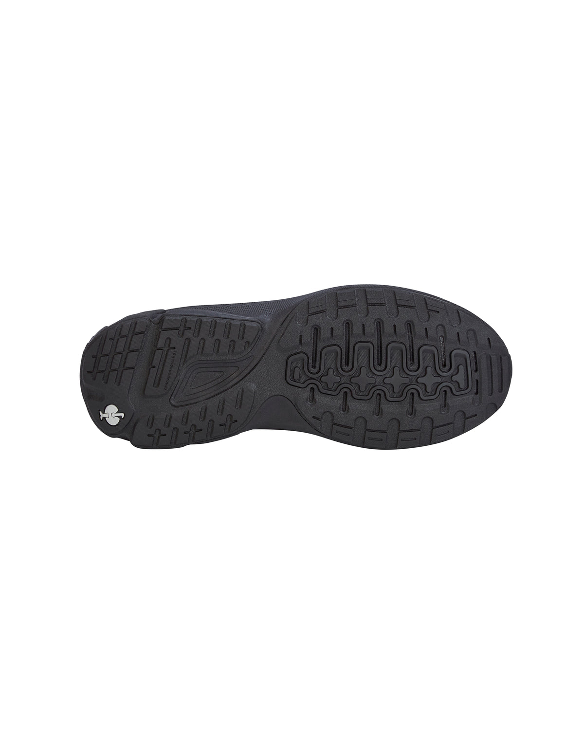 The black rubber outsole of a shoe, showing its tread pattern and a small white logo on the heel, isolated on a white background.