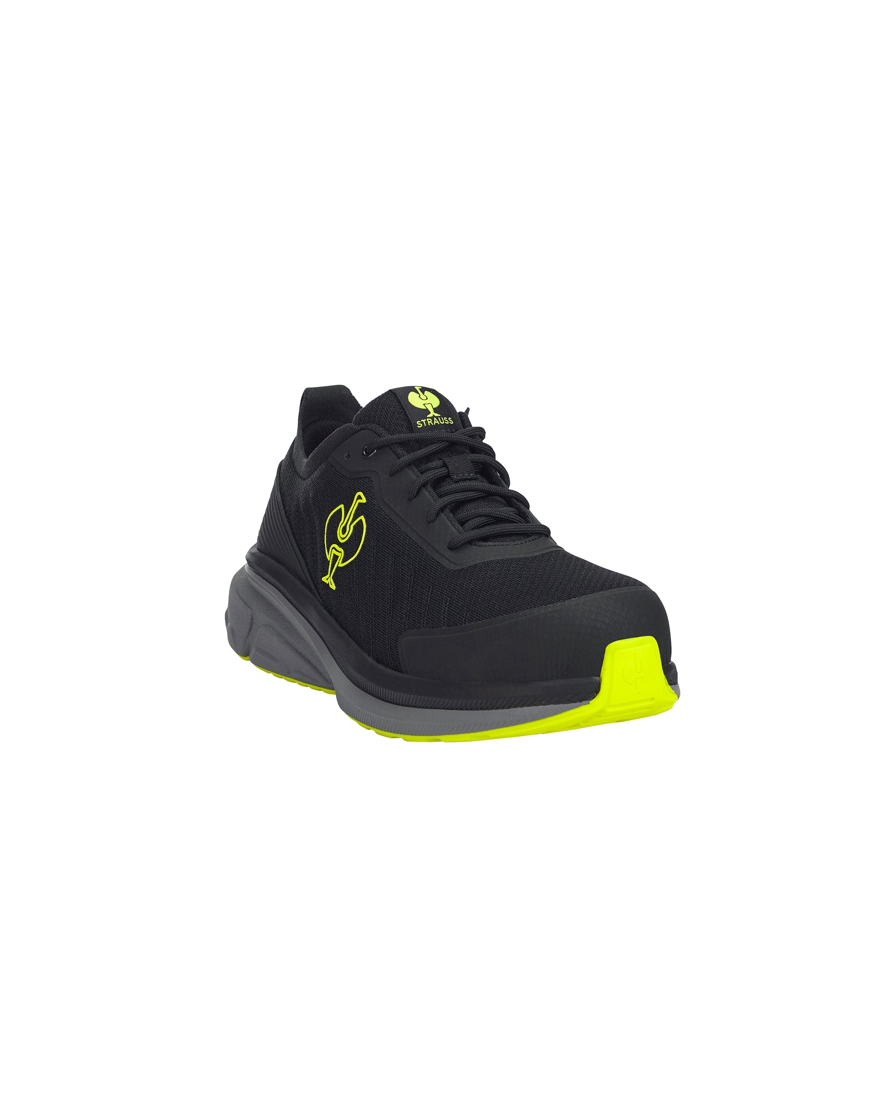 A black athletic sneaker with bright neon yellow accents on the outsole, toe cap, and tongue logo, featuring a gray midsole and a stylized yellow 'RS' logo on the side.