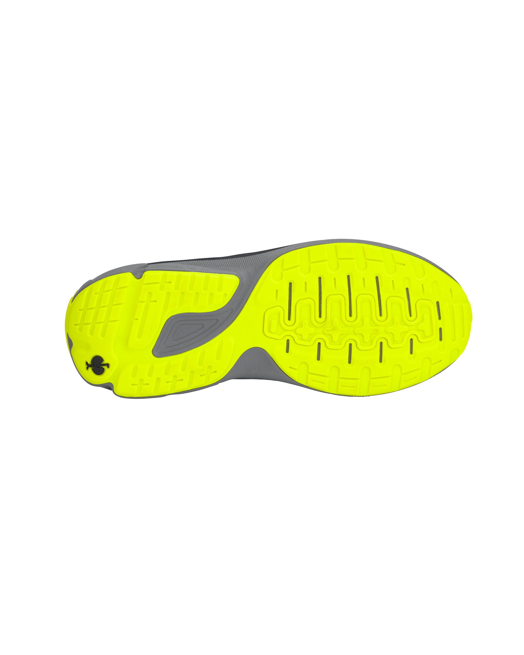 The outsole of a running shoe shown from a top-down view, featuring a bright neon yellow-green tread with gray accents.