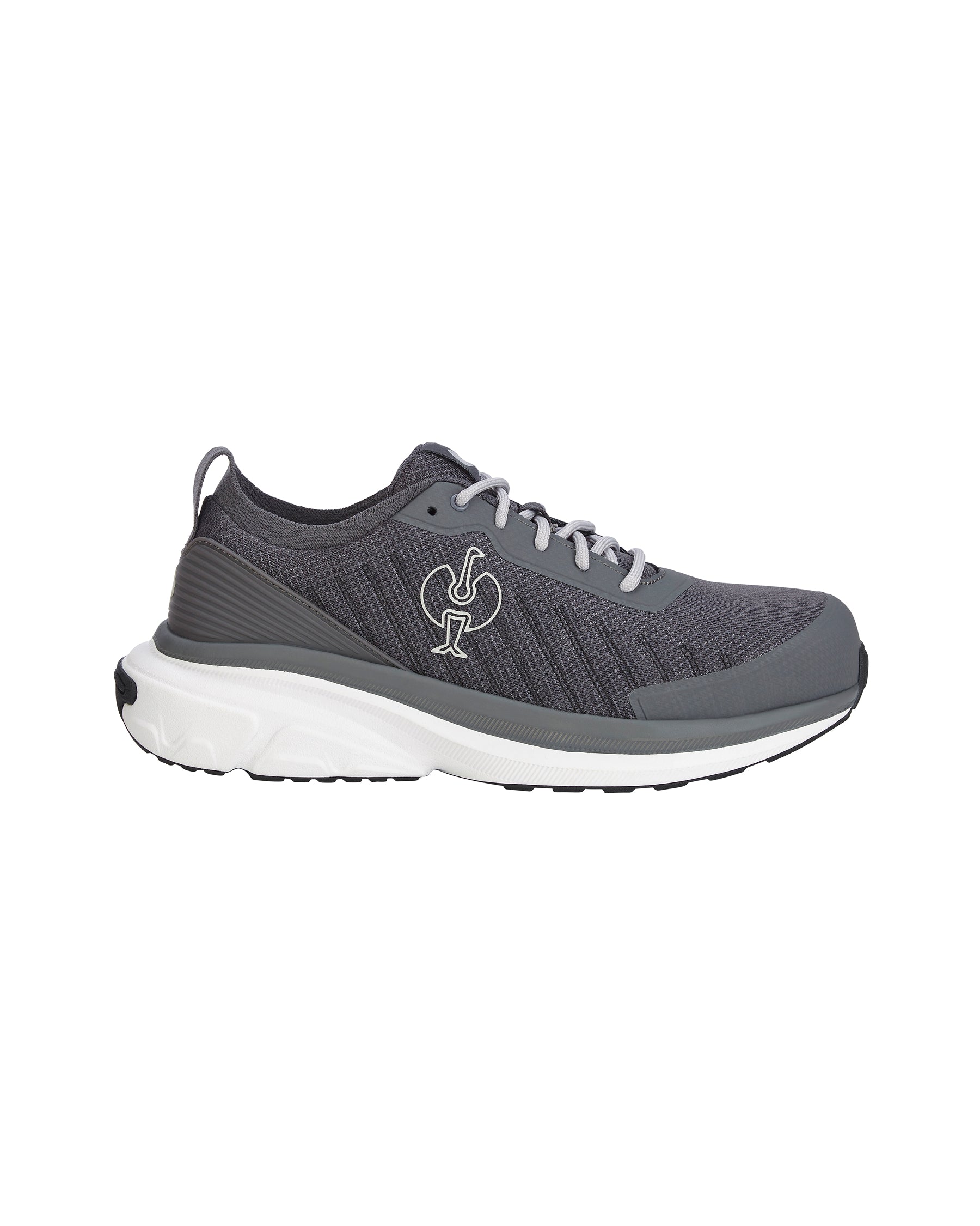 A dark gray athletic sneaker with a white midsole and a stylized white logo on the side, shown against a plain white background.