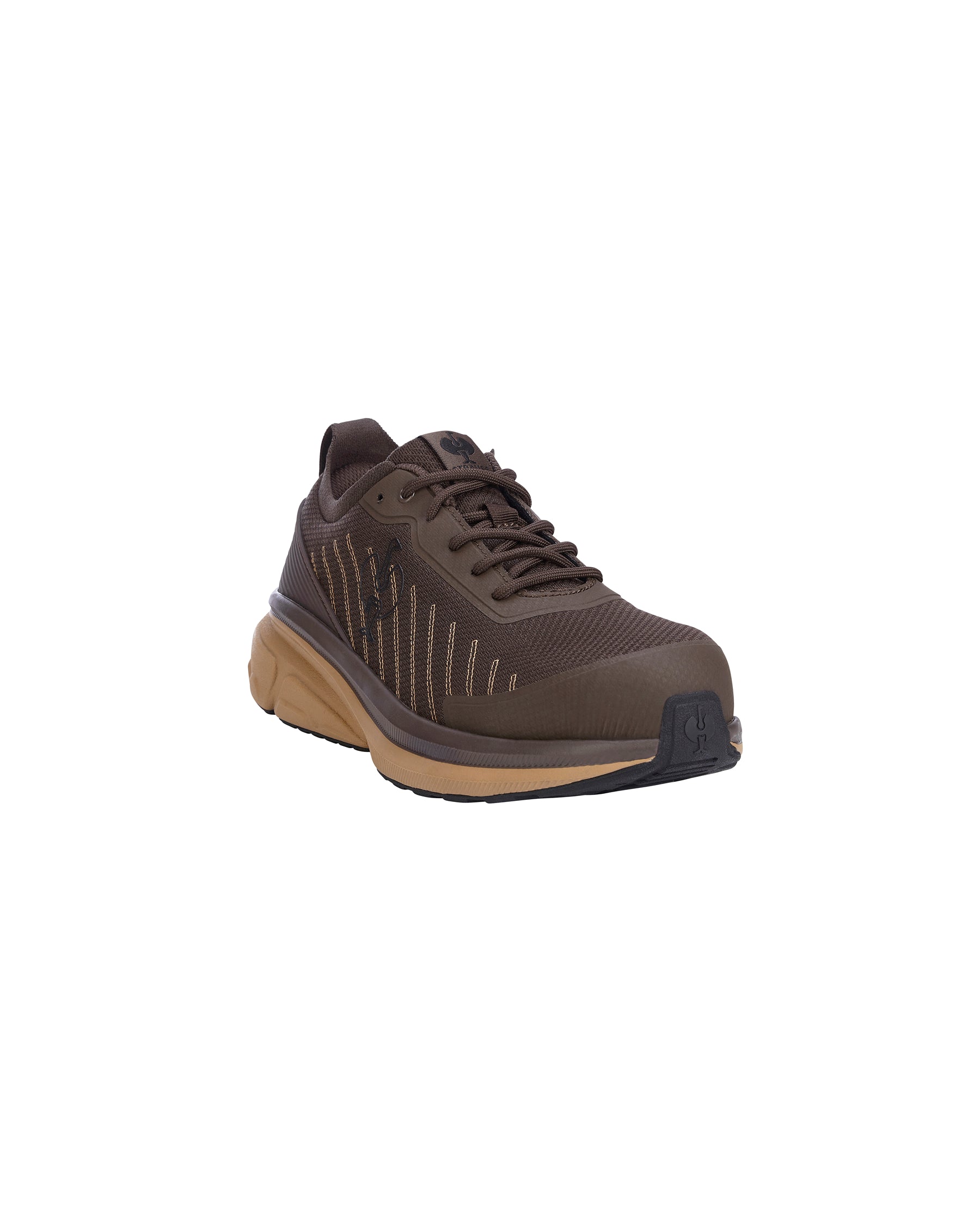 A single brown athletic sneaker with a textured knit upper, matching brown laces, and a tan and dark gray sole, shown on a plain white background.