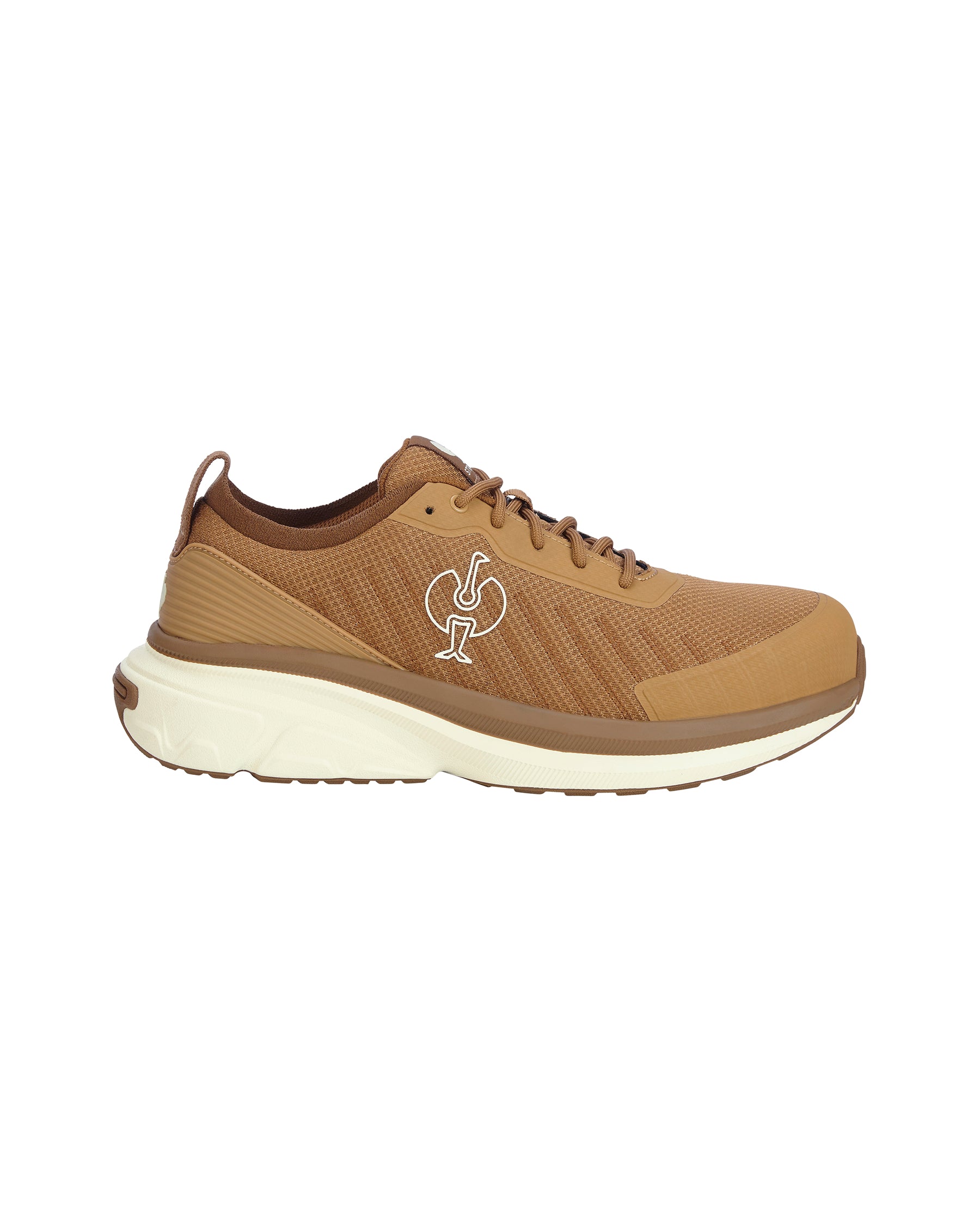 A brown athletic sneaker with a textured mesh upper, matching brown laces, a white stylized logo on the side, and a thick cream-colored midsole, shown against a plain white background.