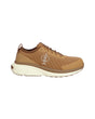 A brown athletic sneaker with a textured mesh upper, matching brown laces, a white stylized logo on the side, and a thick cream-colored midsole, shown against a plain white background.