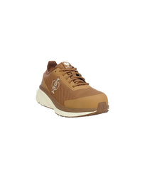 A single brown athletic sneaker shown from a three-quarters angle against a solid white background. The shoe features a textured brown mesh upper, matching brown laces, a white and brown midsole, and a small white embroidered logo on the side.