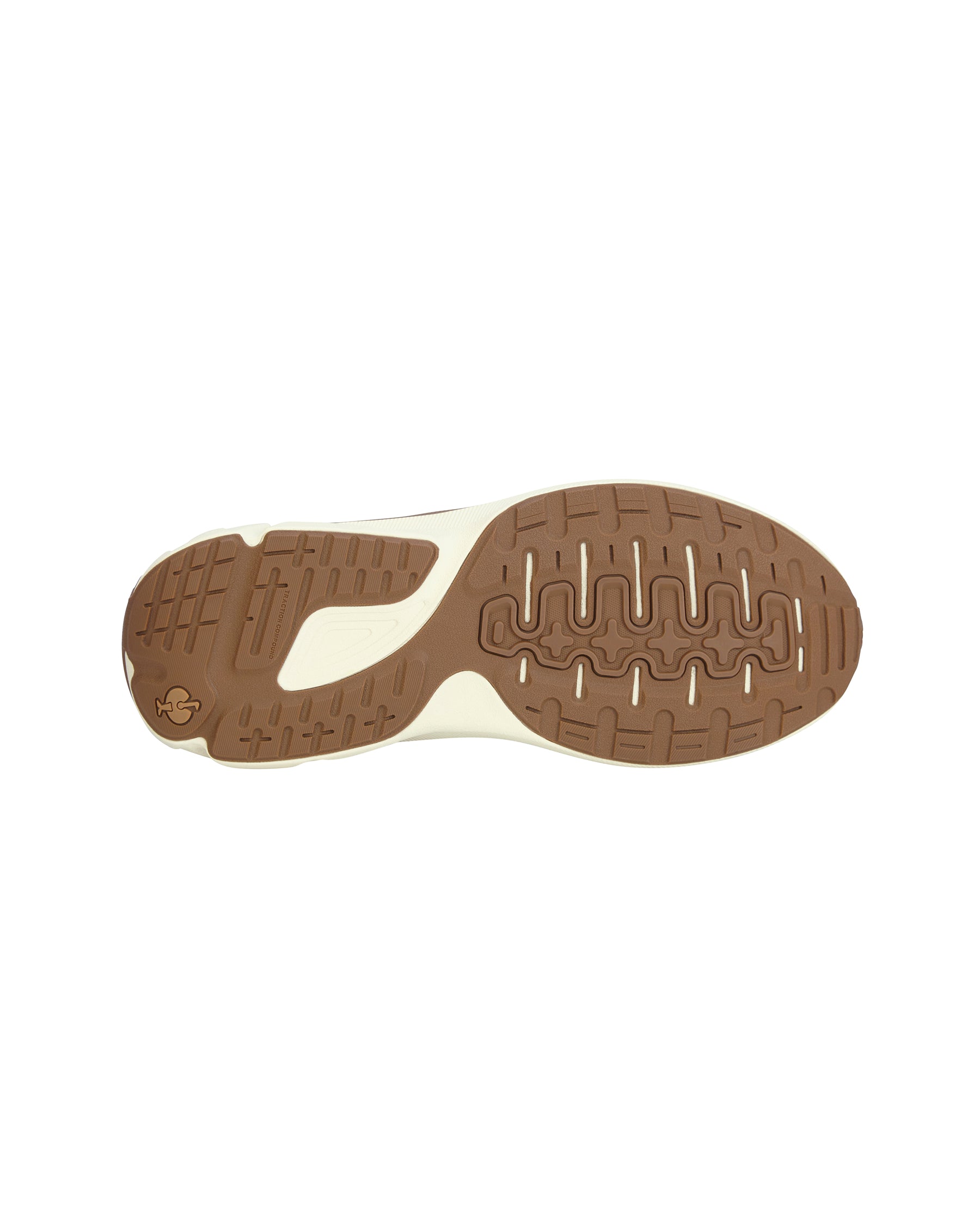 The outsole of a sneaker, showing a brown tread pattern with a cream-colored midsole accent, photographed from a top-down view on a white background.