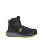 A black mid-cut athletic boot with a gray sole and bright neon yellow accents, including a logo on the side and outsole details, shown against a plain white background.