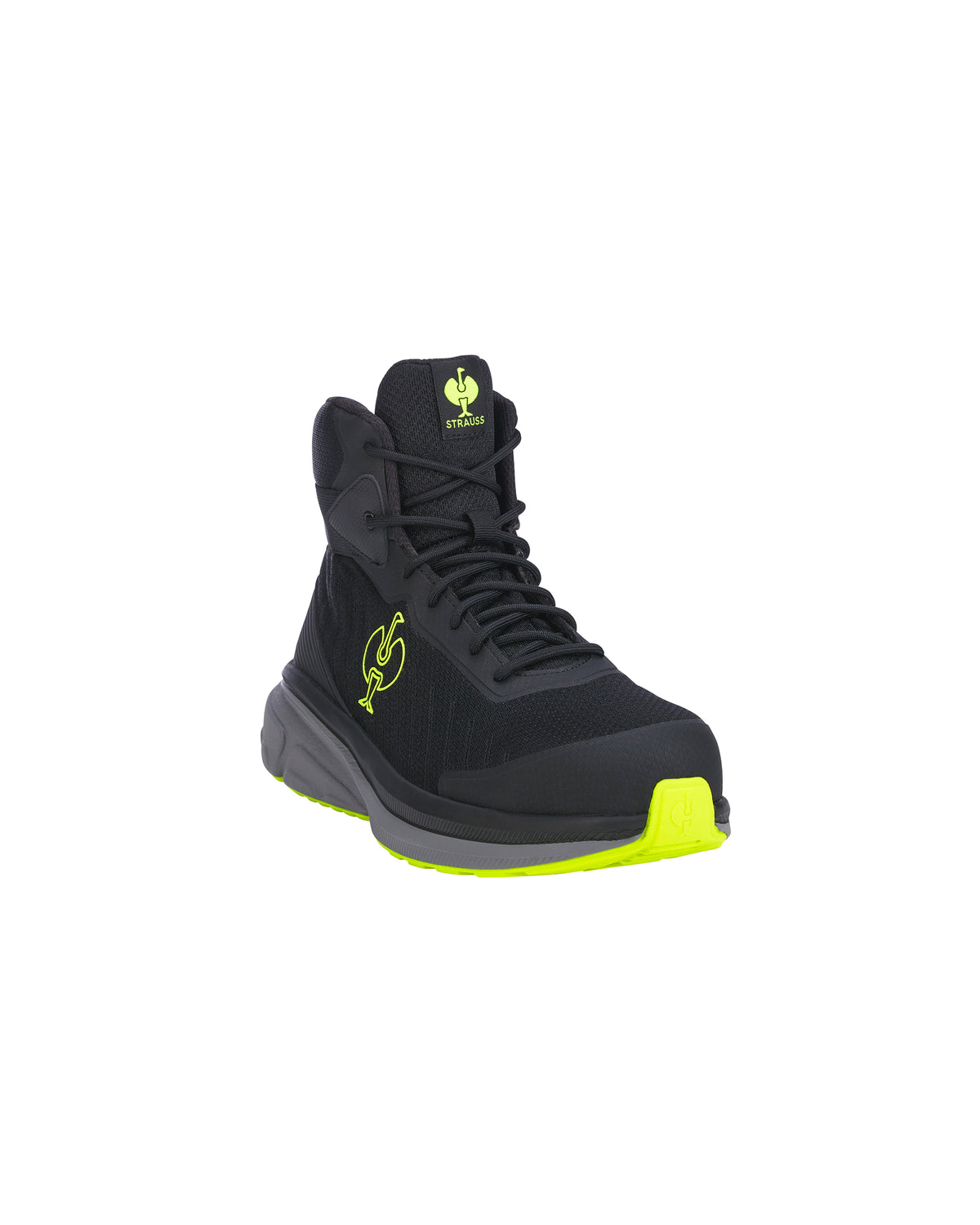 A black high-top safety boot with bright neon yellow accents on the outsole and tongue logo, shown against a plain white background.