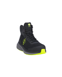 A black high-top safety boot with bright neon yellow accents on the outsole and tongue logo, shown against a plain white background.
