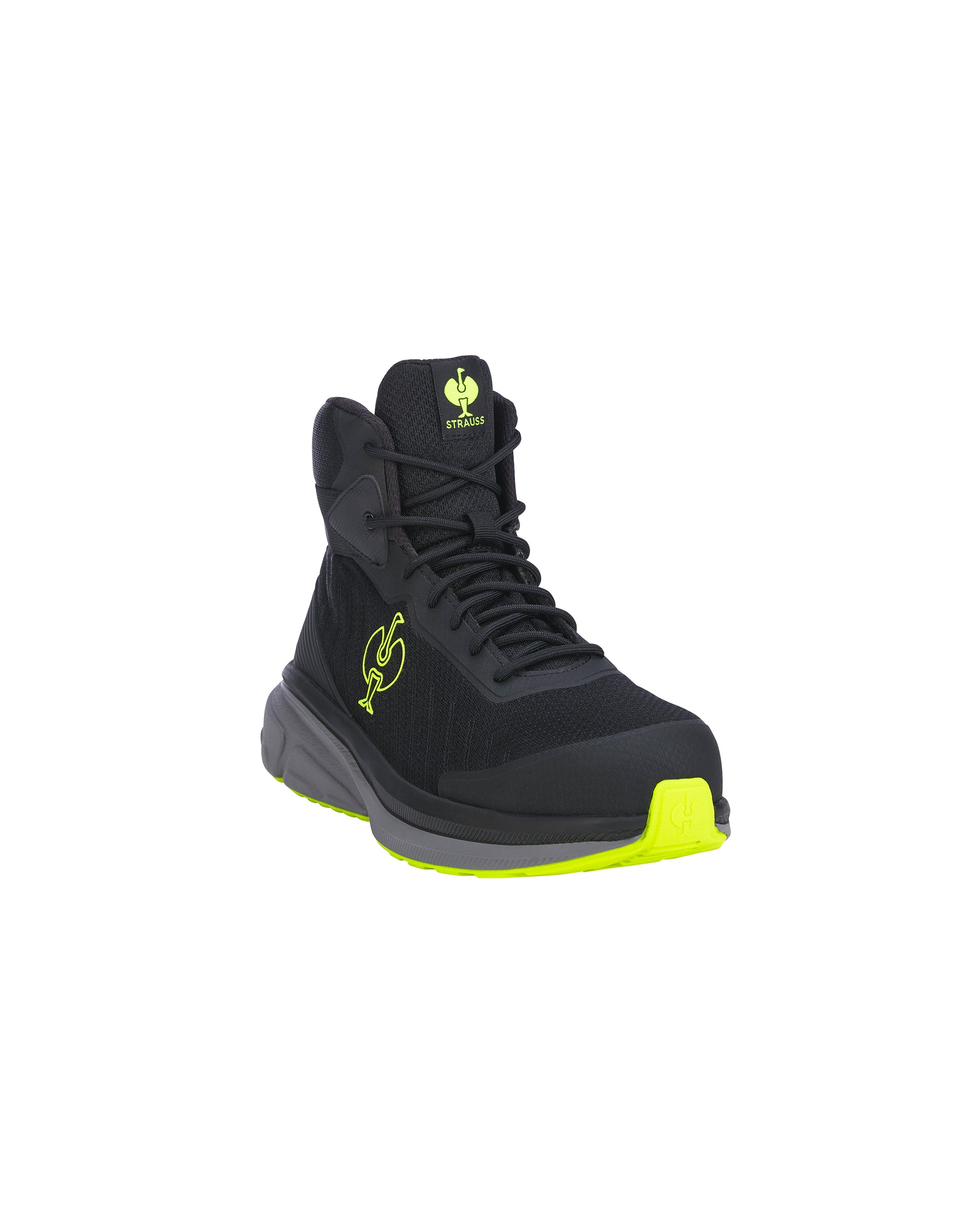 A black high-top safety boot with bright neon yellow accents on the outsole and tongue logo, shown against a plain white background.