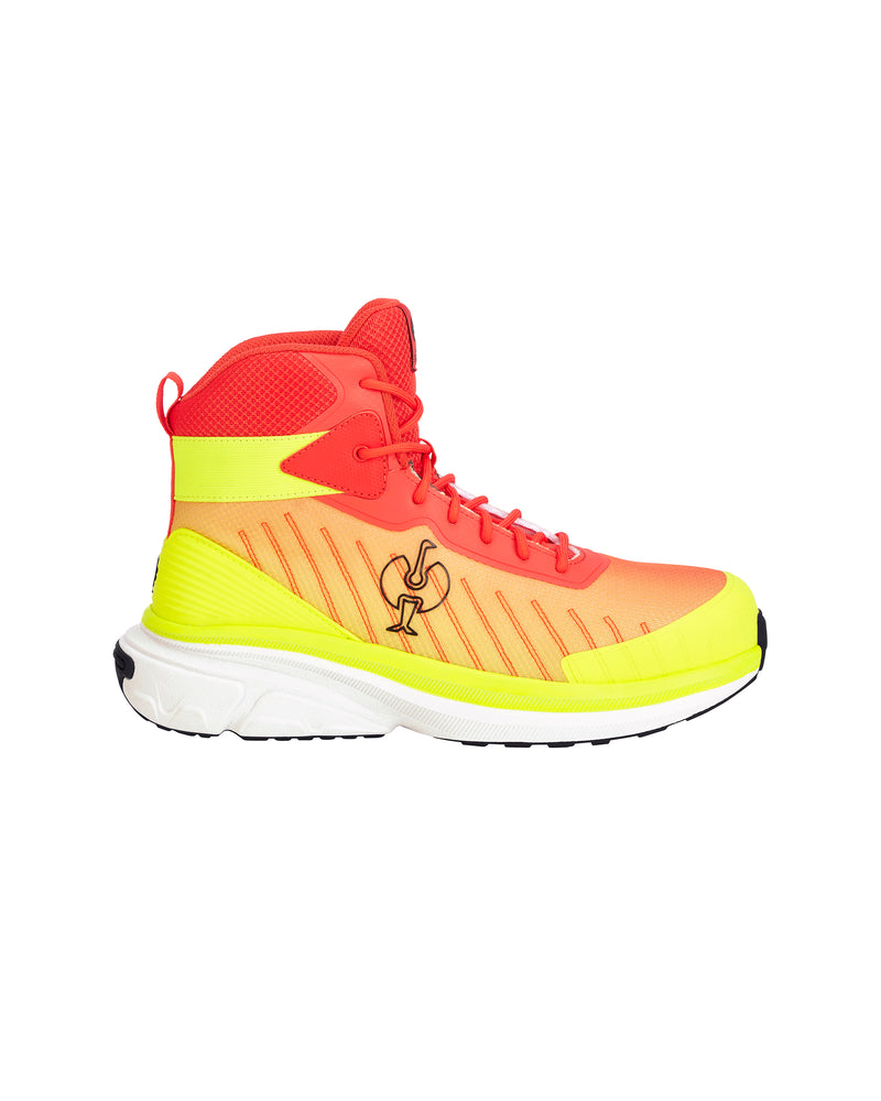 A high-top athletic sneaker in a vibrant gradient of red, orange, and neon yellow, featuring a white midsole and a stylized bird logo on the side.