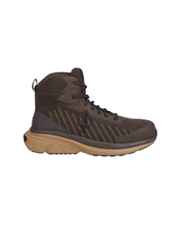 A dark brown mid-cut hiking boot with a tan sole, shown from a side profile view against a plain white background.