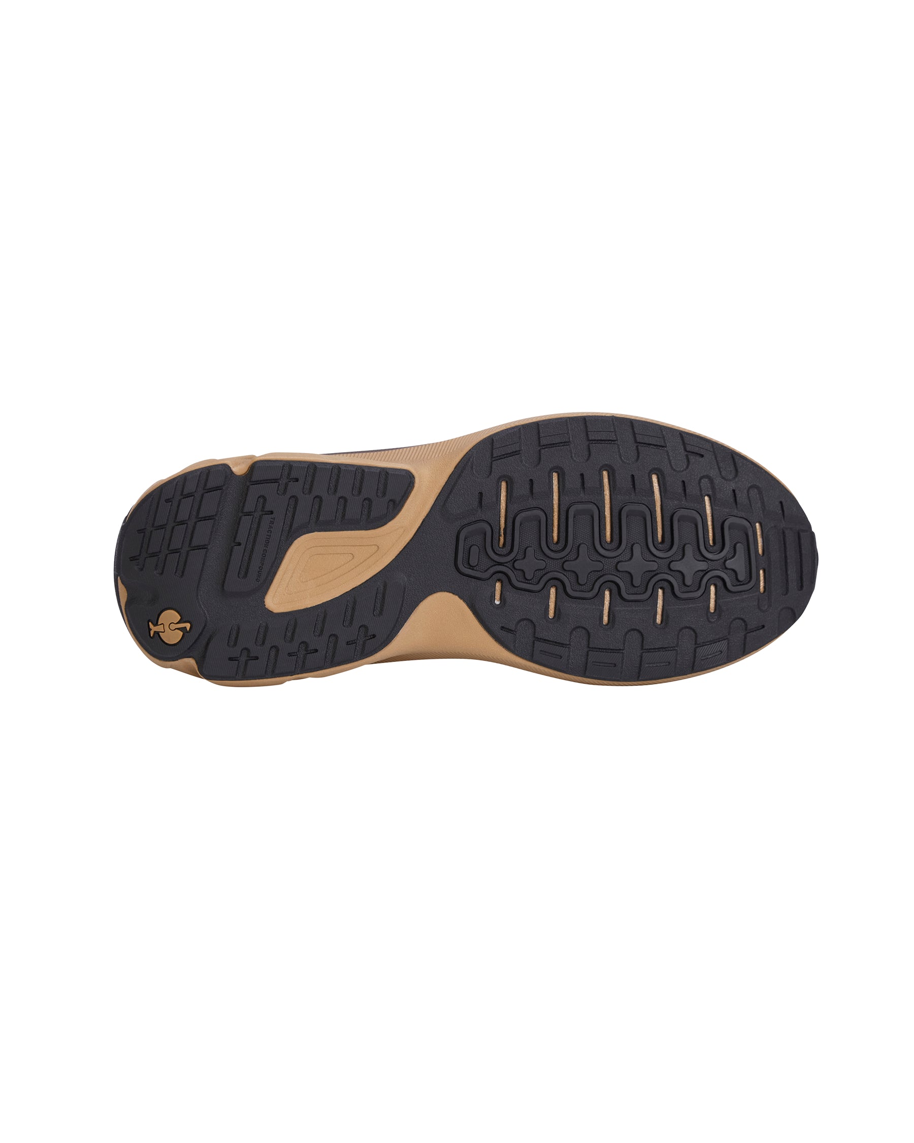 The outsole of a running shoe shown from a top-down view, featuring a black treaded pattern with a tan midsole and heel accent on a plain white background.