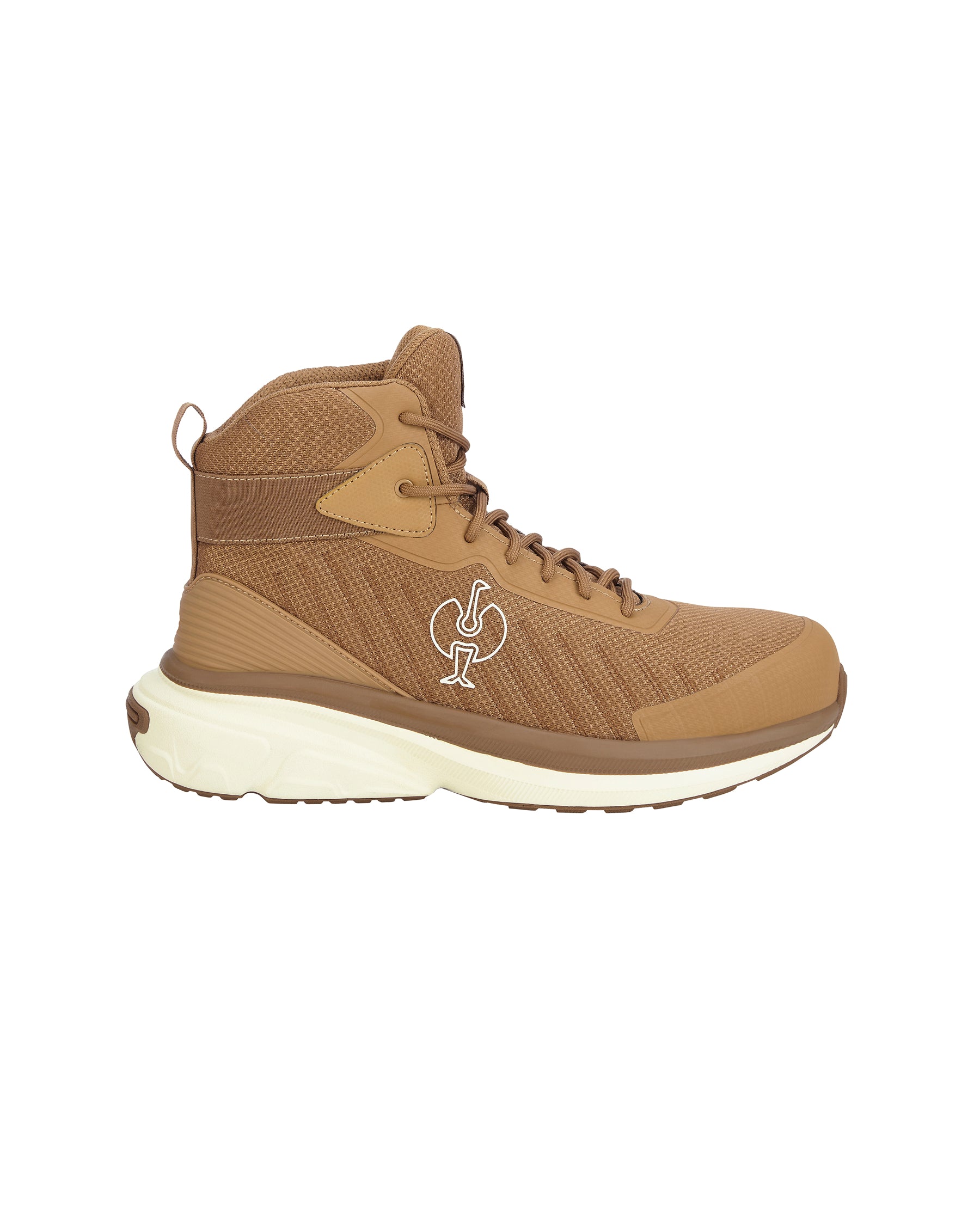 A mid-top athletic shoe in brown and tan with a white logo on the side, shown from the profile against a plain white background.