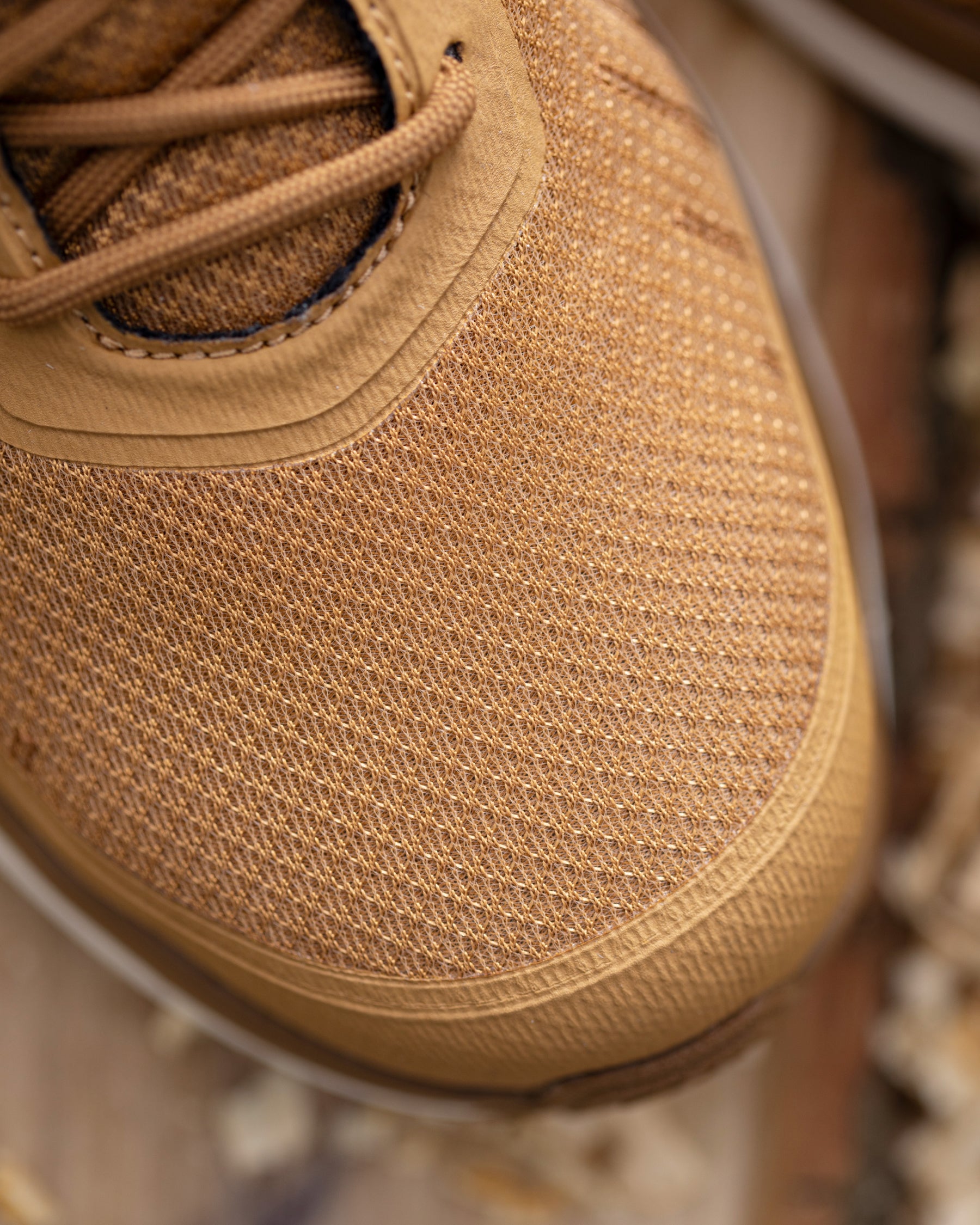Close-up of a tan mesh athletic shoe with matching laces and a tan rubber toe bumper, photographed outdoors on a blurred natural background.