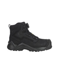 A black leather ankle boot with a rugged lug sole, side zipper, and a silver-tone metal logo plate on the side, shown against a plain white background.