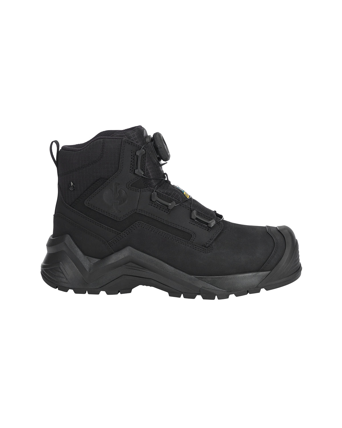 A black leather ankle boot with a rugged lug sole, side zipper, and a silver-tone metal logo plate on the side, shown against a plain white background.