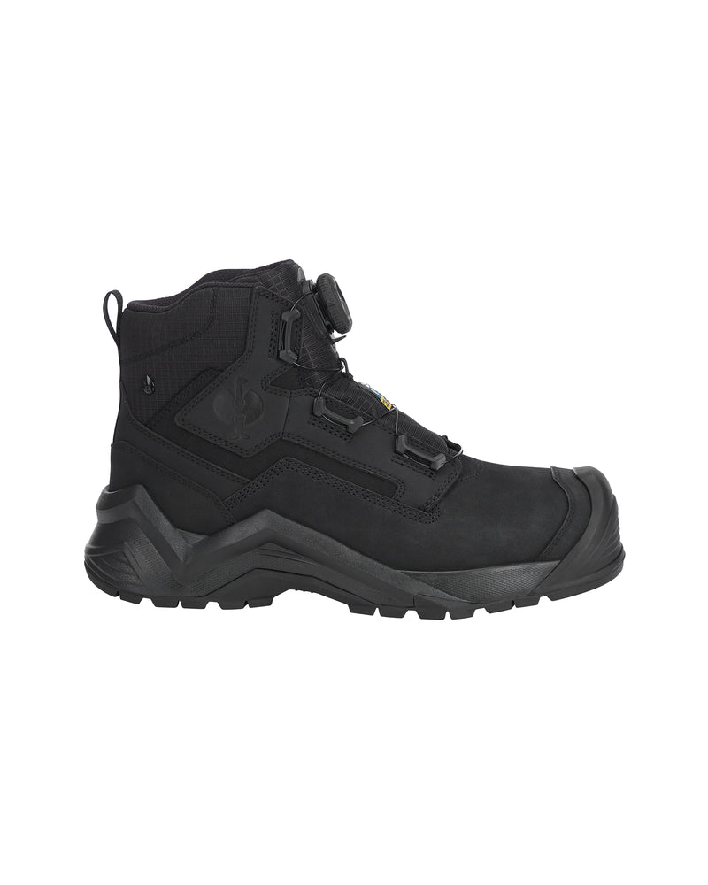 A black leather ankle boot with a rugged lug sole, side zipper, and a silver-tone metal logo plate on the side, shown against a plain white background.