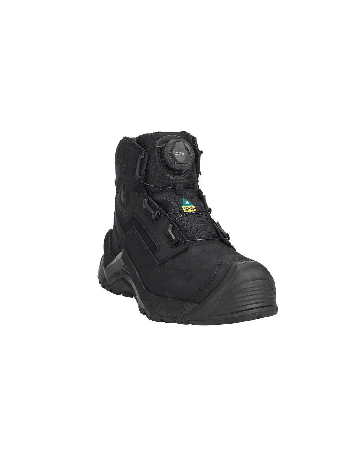 A single black high-top safety boot with a dial closure system and a small yellow and green logo patch on the side, shown against a plain white background.