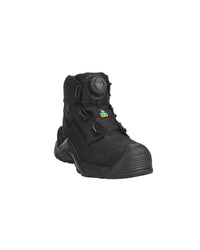 A single black high-top safety boot with a dial closure system and a small yellow and green logo patch on the side, shown against a plain white background.