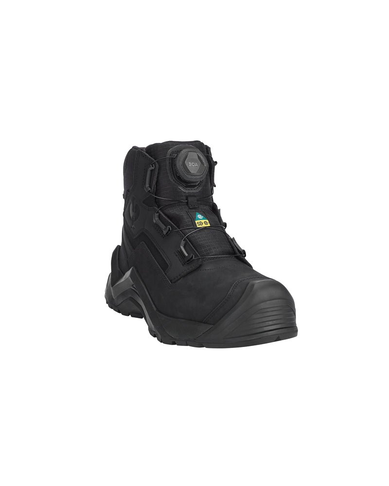 A single black high-top safety boot with a dial closure system and a small yellow and green logo patch on the side, shown against a plain white background.