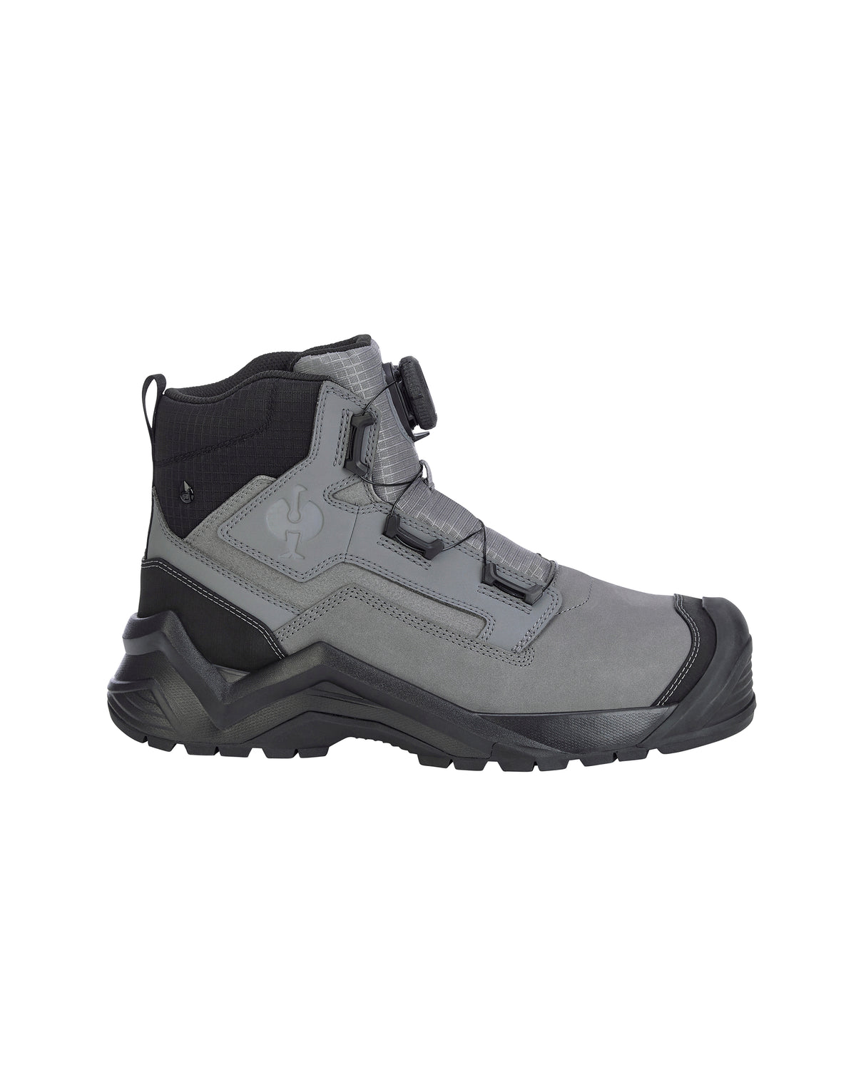 A gray and black mid-cut work boot with a buckle strap closure, shown from a side profile view on a plain white background.