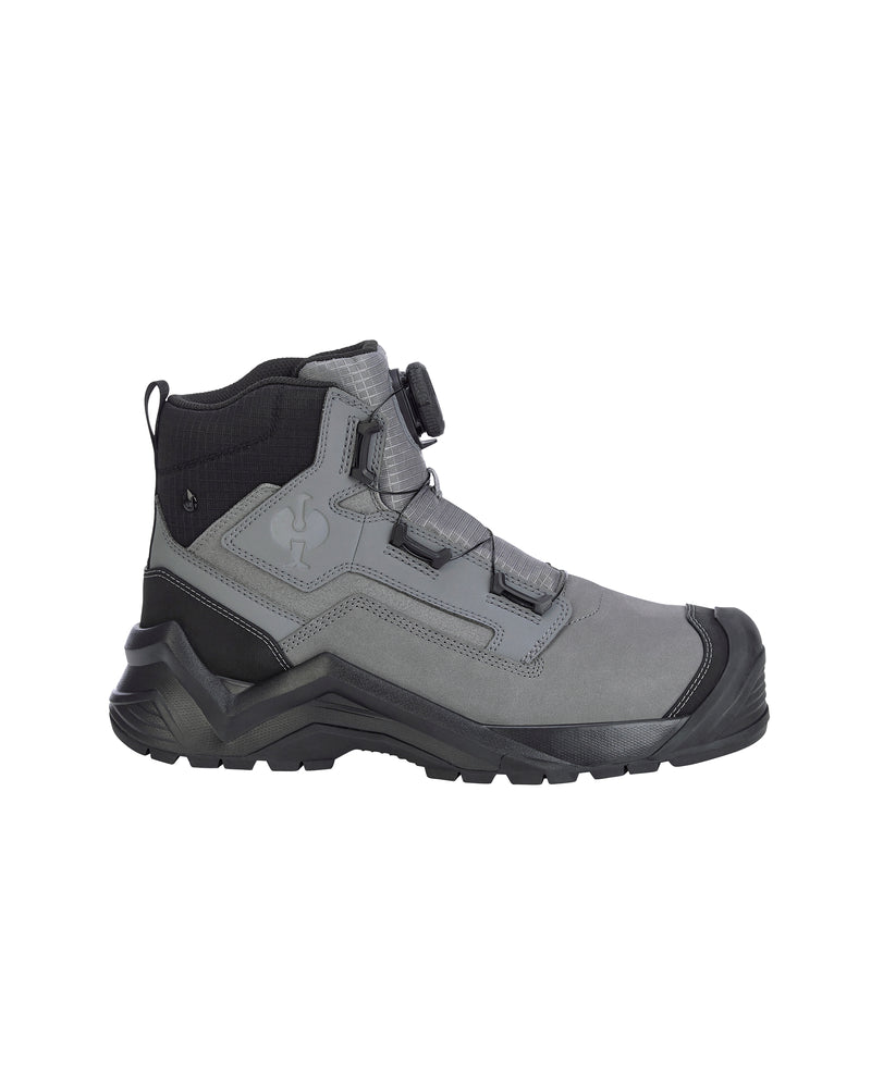 A gray and black mid-cut work boot with a buckle strap closure, shown from a side profile view on a plain white background.