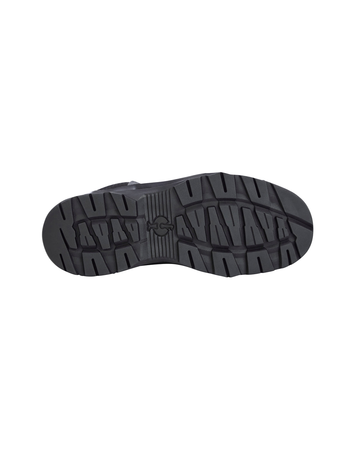 A top-down view of a black rubber shoe sole with a textured tread pattern, shown against a plain white background.
