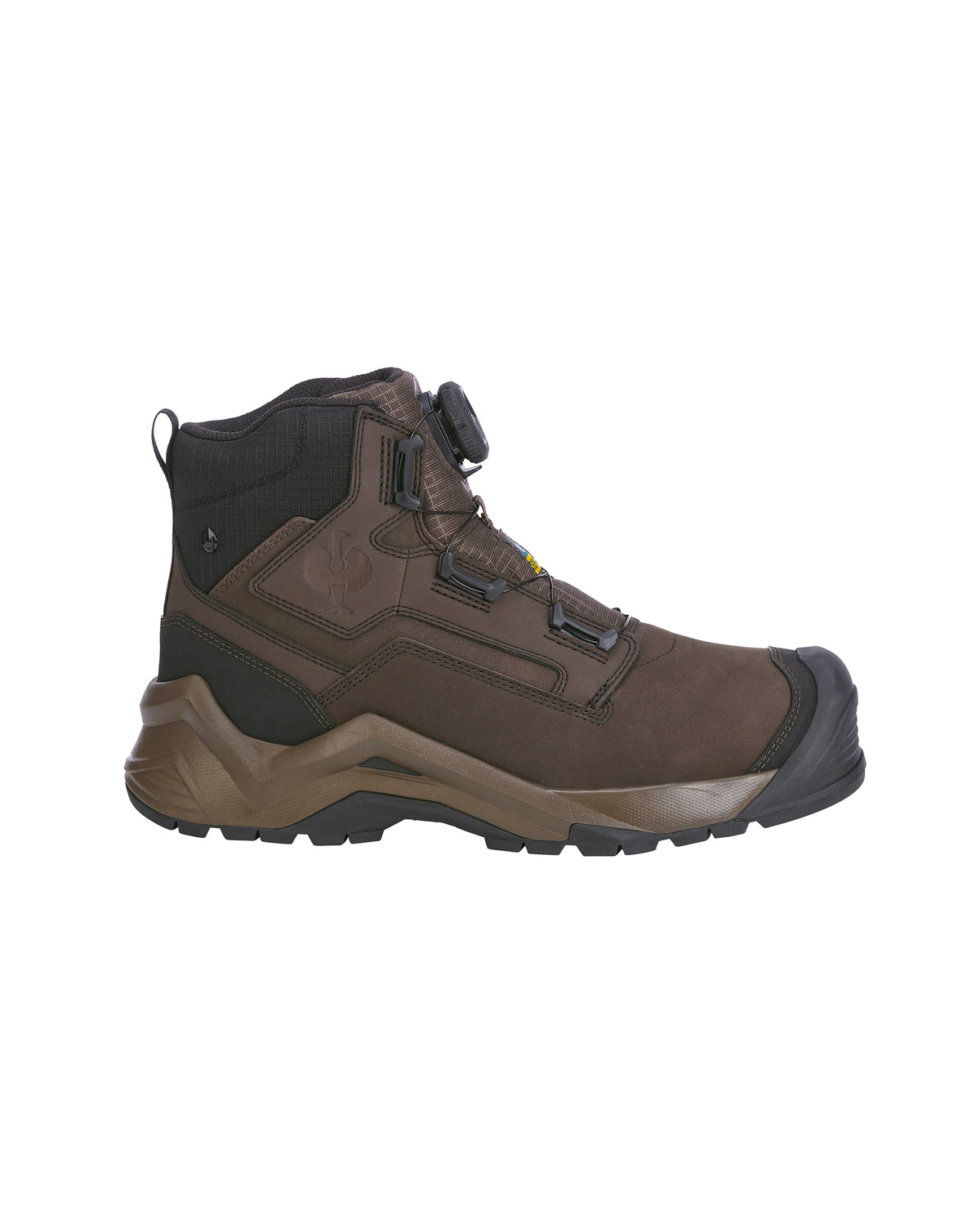 A black leather ankle boot with a rugged lug sole, side zipper, and a silver-tone metal logo plate on the side, shown against a plain white background.