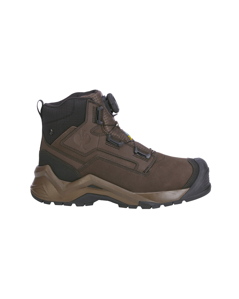 A black leather ankle boot with a rugged lug sole, side zipper, and a silver-tone metal logo plate on the side, shown against a plain white background.