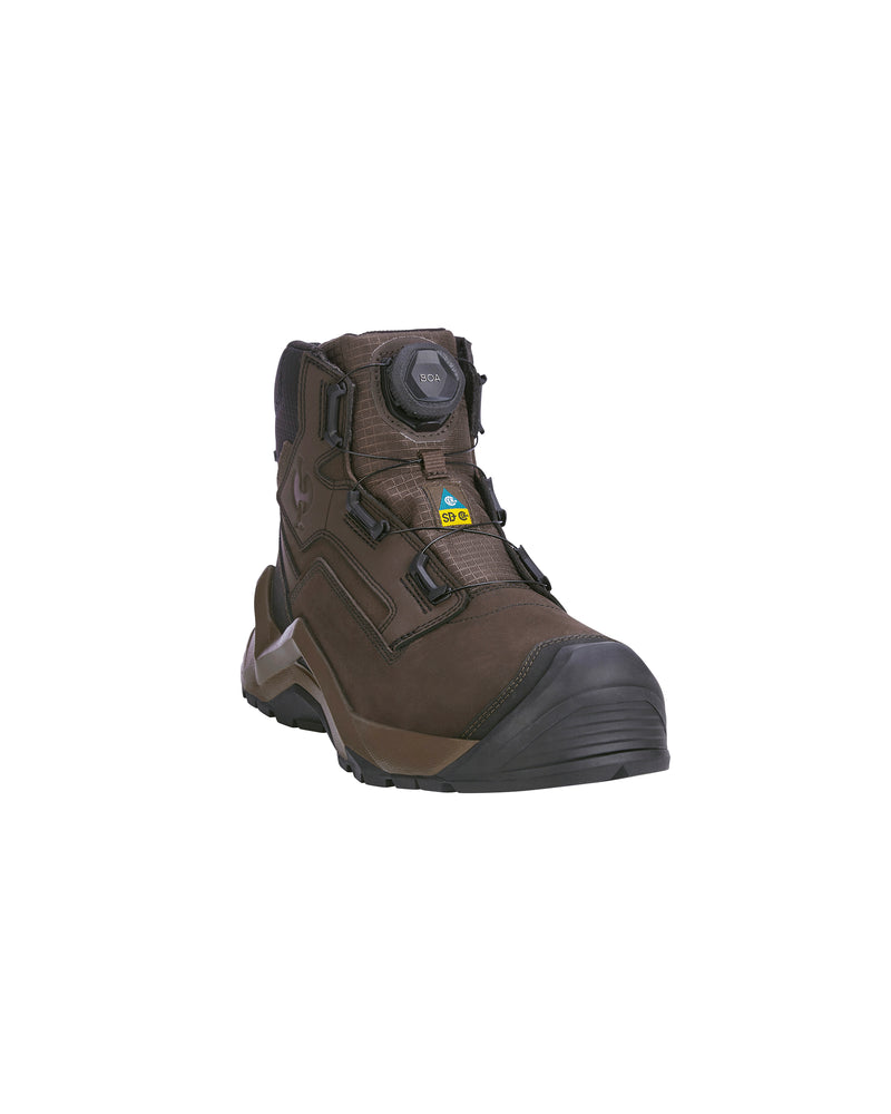 A brown mid-cut work boot with a black BOA dial closure system and a black toe cap, shown from a three-quarters angle on a white background.