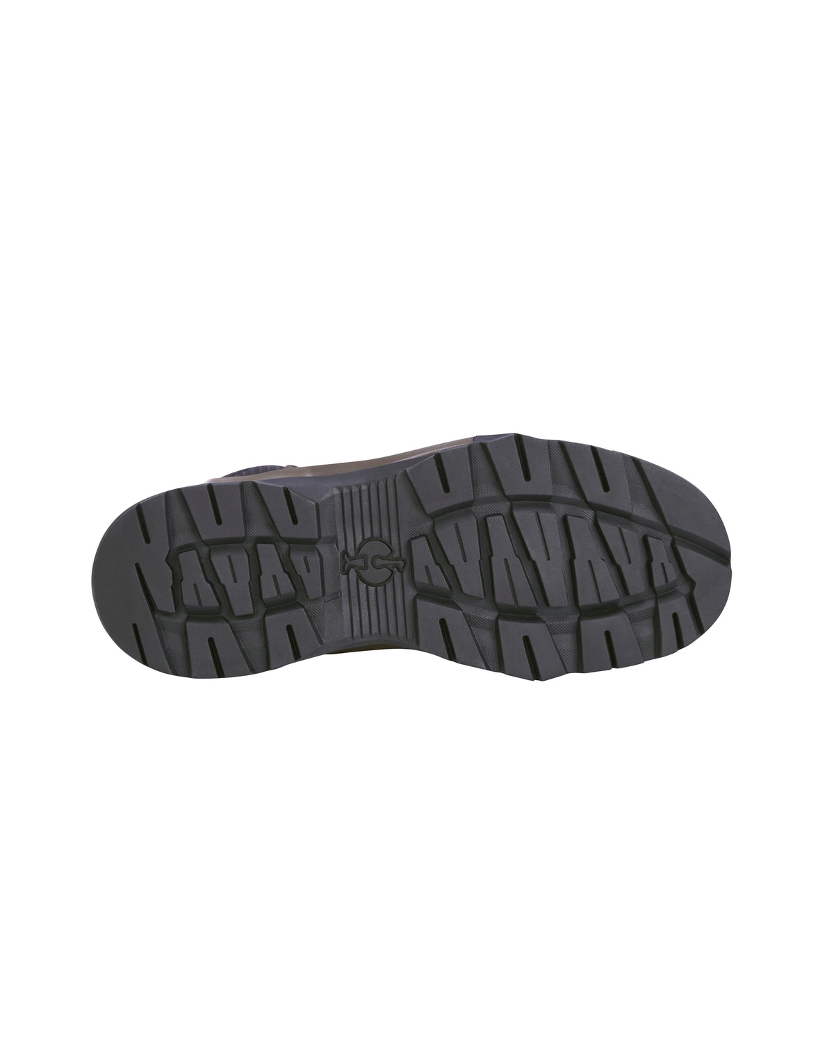 A top-down view of a black rubber shoe sole with a textured tread pattern, shown against a plain white background.