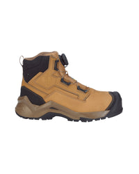 A tan and black high-top work boot with a dial closure system, shown from a side profile view on a white background.