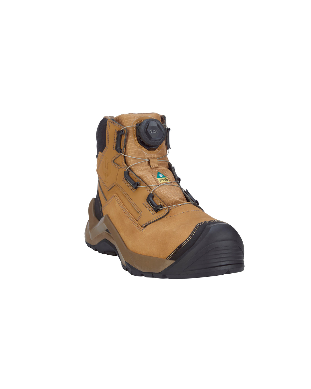 A tan and black mid-cut work boot with a dial closure system on the side, shown against a plain white background.