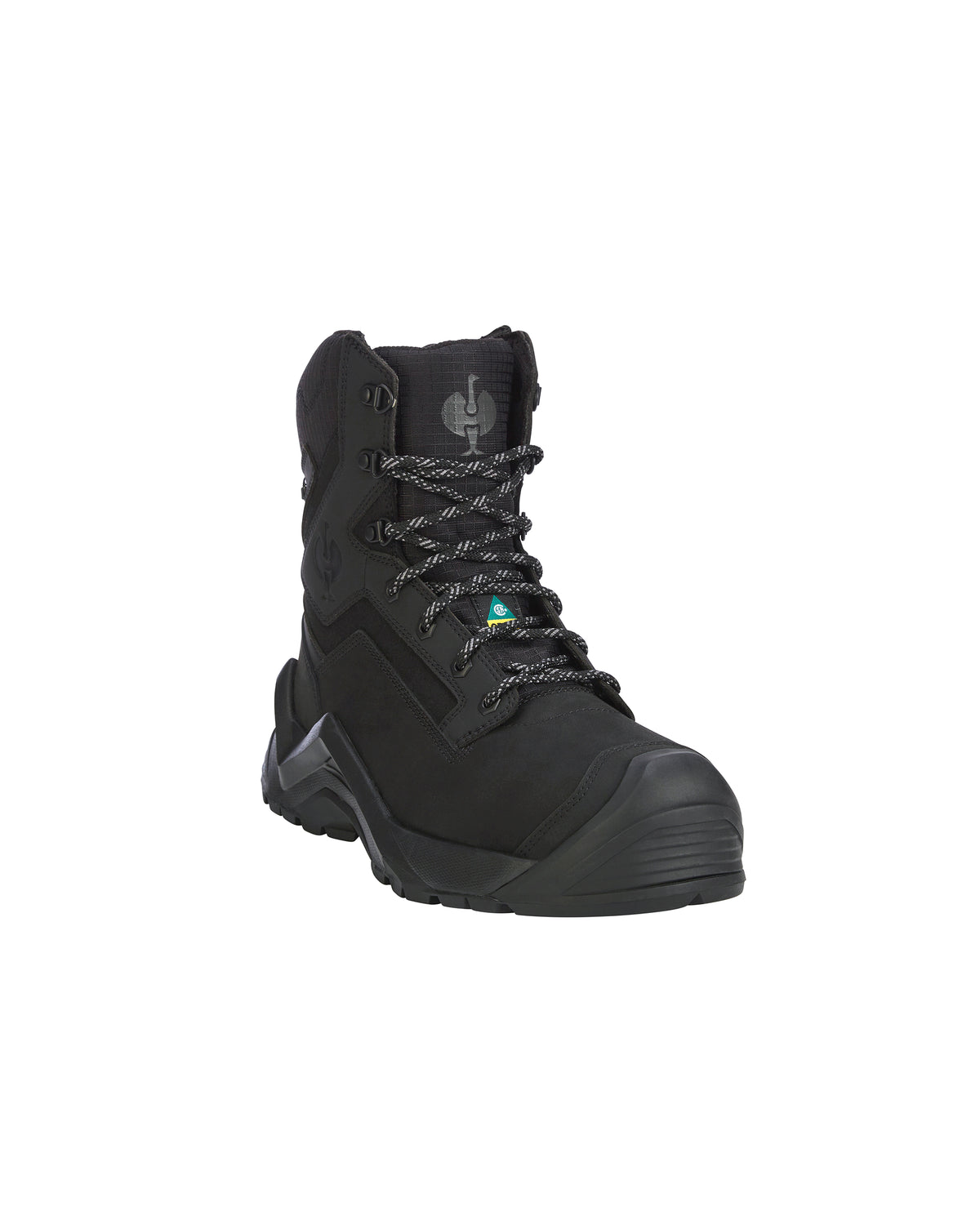 A black high-top safety boot with a protective toe cap, black laces, and a rugged sole, shown from a three-quarters angle on a plain white background.