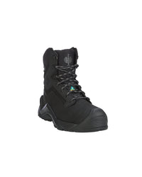 A black high-top safety boot with a protective toe cap, black laces, and a rugged sole, shown from a three-quarters angle on a plain white background.