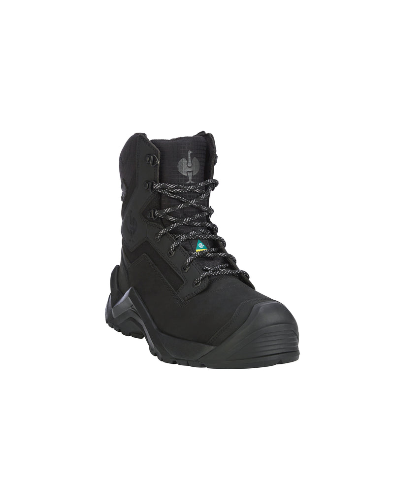 A black high-top safety boot with a protective toe cap, black laces, and a rugged sole, shown from a three-quarters angle on a plain white background.