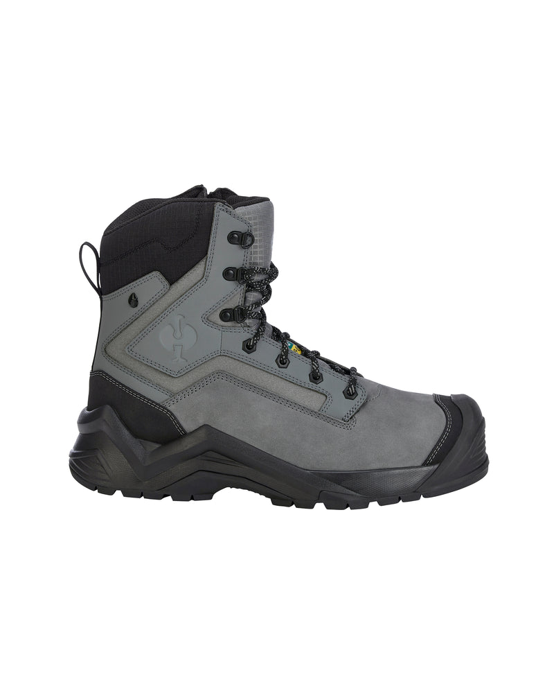 A gray and black high-top work boot shown from the side against a plain white background.