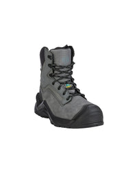 A gray and black safety work boot with a lace-up front, protective toe cap, and textured sole, shown from a three-quarters angle on a white background.