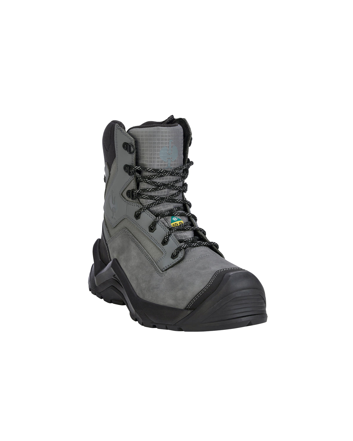 A gray and black safety work boot with a lace-up front, protective toe cap, and textured sole, shown from a three-quarters angle on a white background.