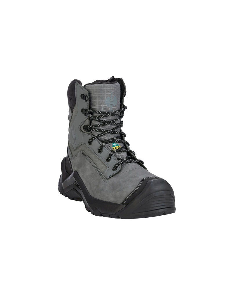 A gray and black safety work boot with a lace-up front, protective toe cap, and textured sole, shown from a three-quarters angle on a white background.