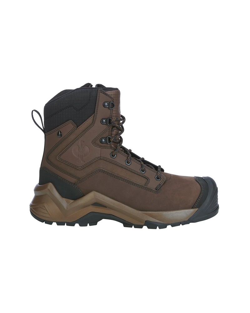 A brown and black high-top lace-up work boot shown in a side profile on a plain white background.