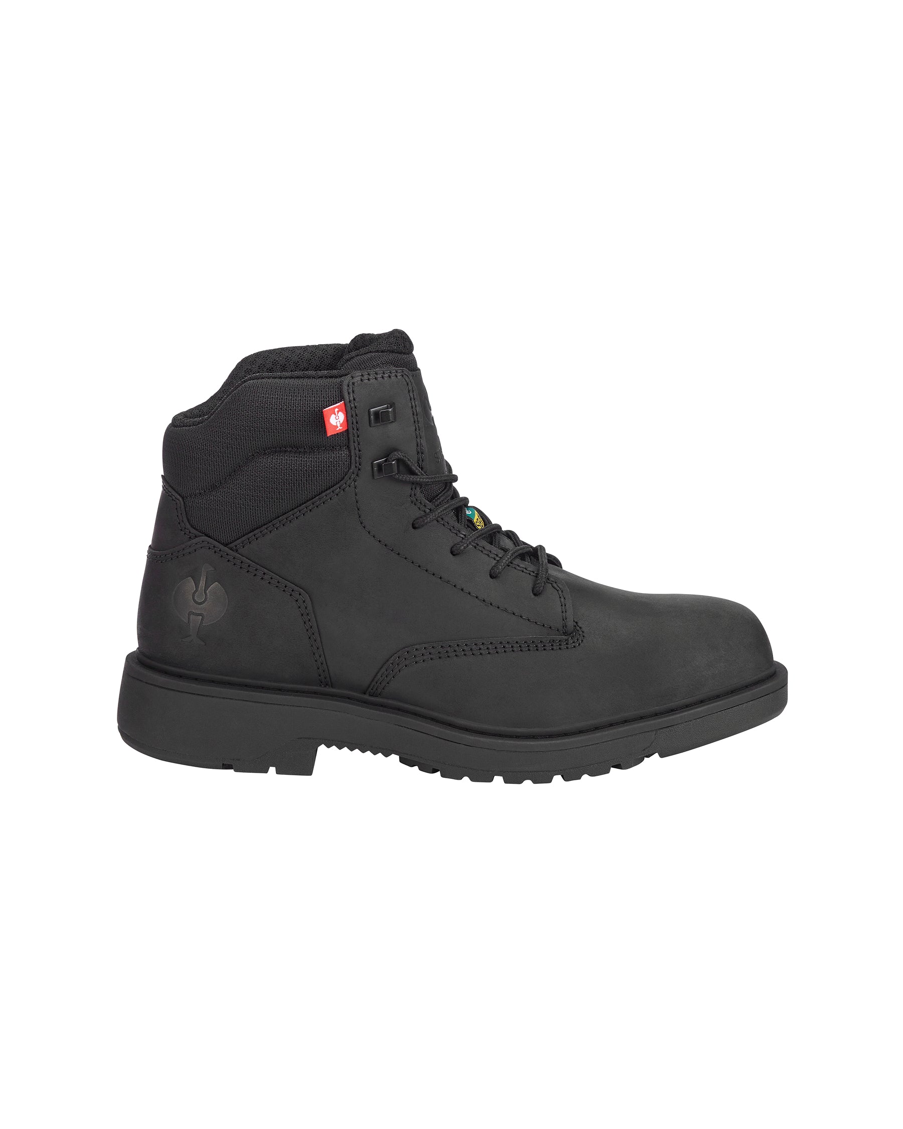 Black shiny ankle boot with a buckle on a light gray background