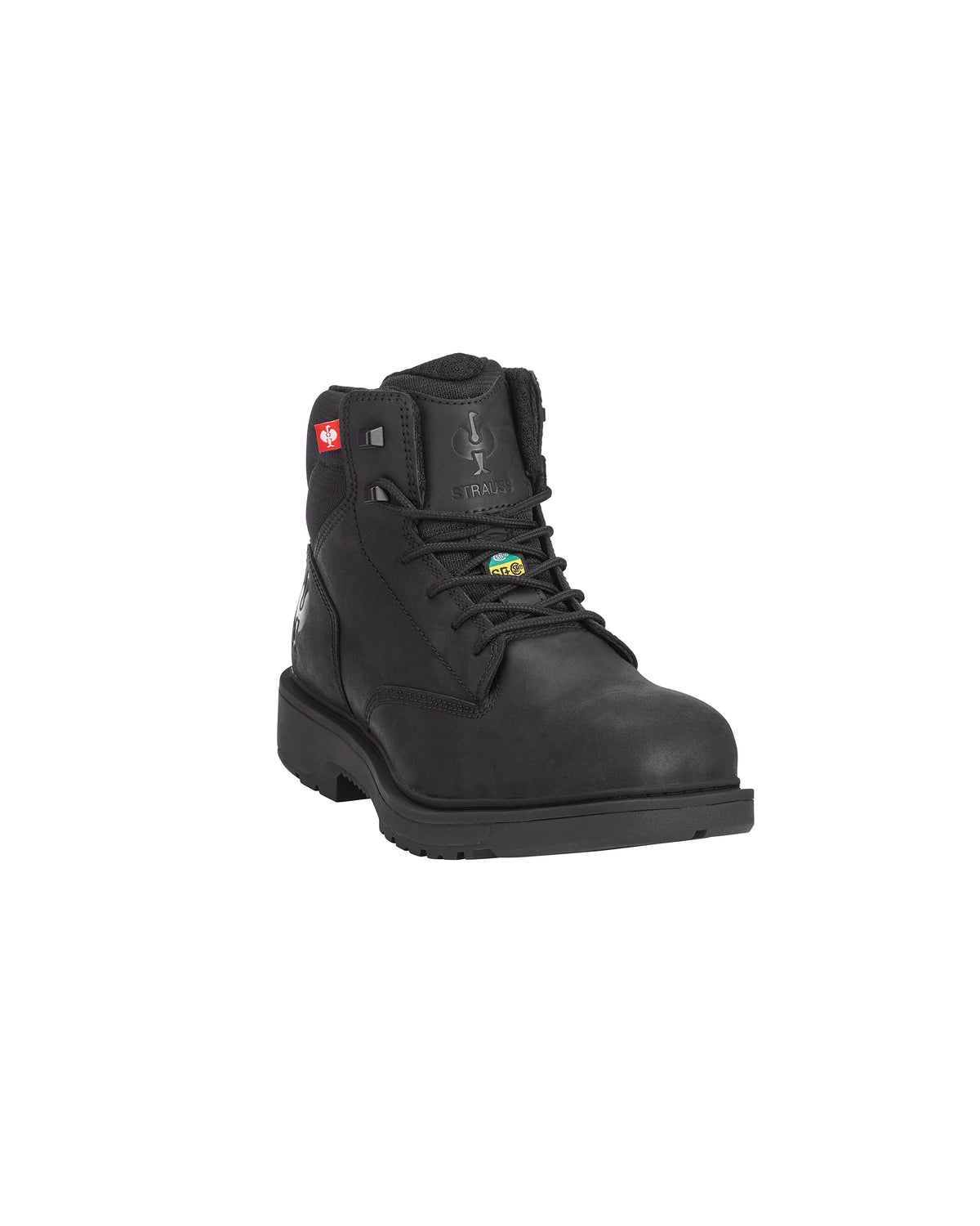 A black leather lace-up work boot with a thick black sole, shown from a three-quarters angle on a plain white background.
