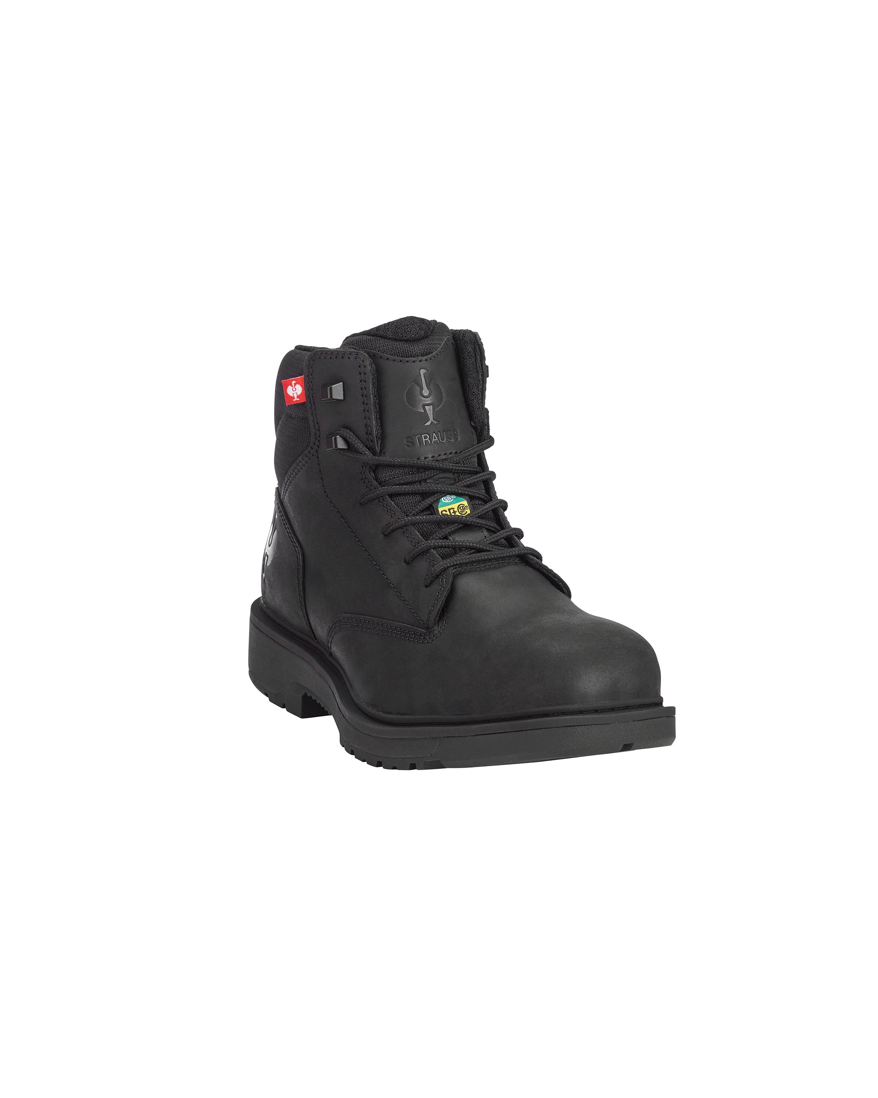 A black leather lace-up work boot with a thick black sole, shown from a three-quarters angle on a plain white background.