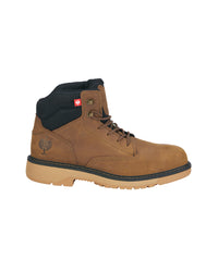 A brown leather work boot with a black collar, brown laces, and a tan sole, shown from a side profile on a white background.