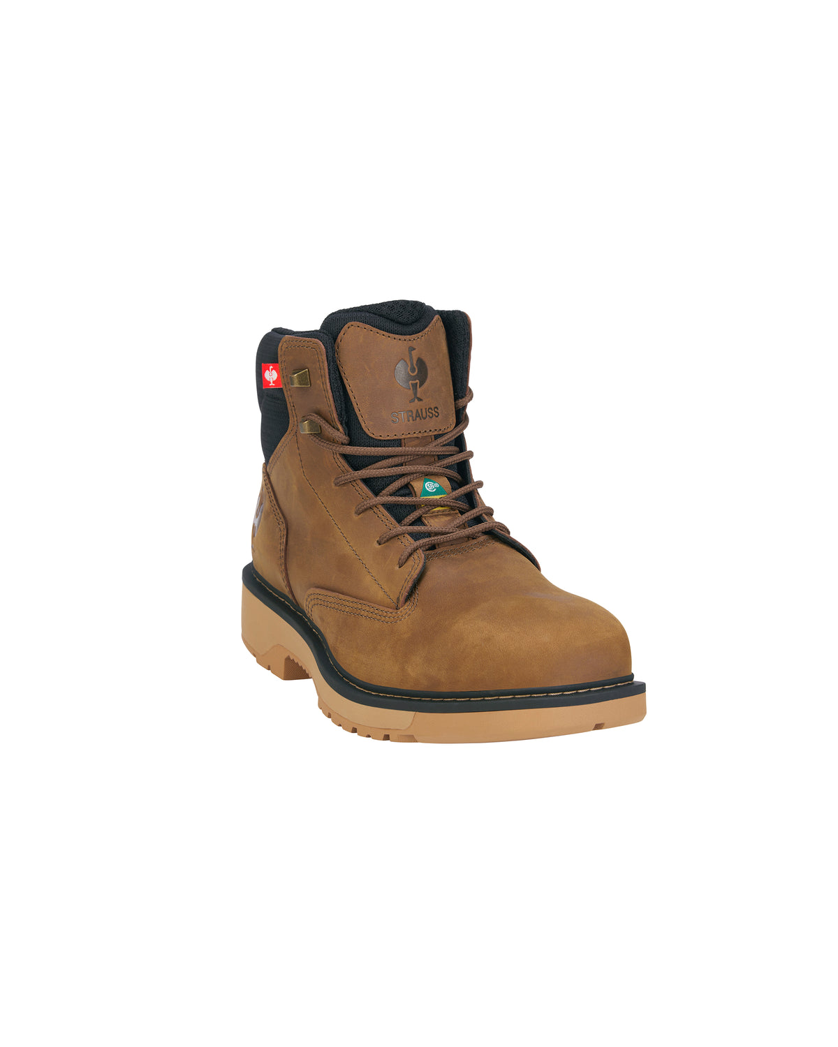 A single brown suede work boot with black trim, brown laces, and a tan sole, shown from a three-quarters angle on a white background.