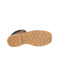 The outsole of a tan work boot with a textured lug pattern and a central logo, shown against a plain white background.