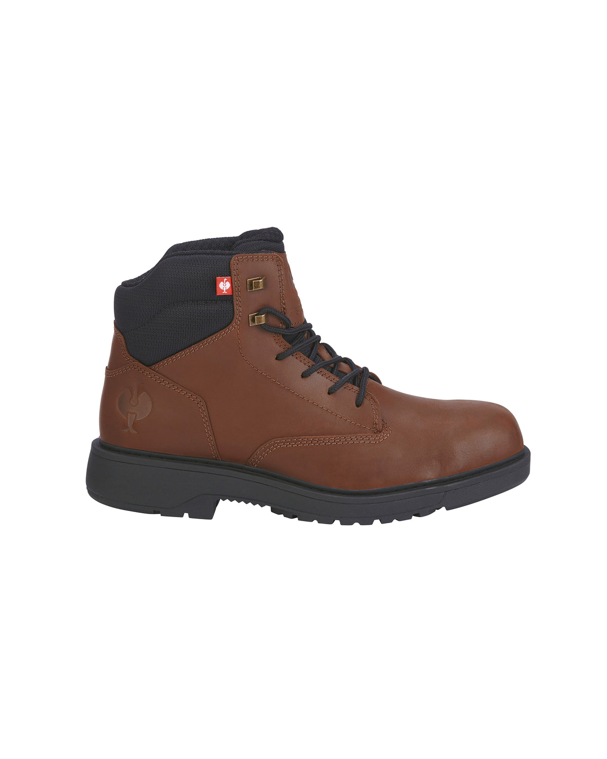 A brown leather lace-up work boot with a black collar, black sole, and a small red Swiss flag logo on the side, shown against a plain white background.